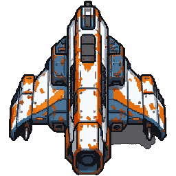 top down cyberpunk space ship, industrial rustpunk style and motifs, white, orange and blue colour scheme