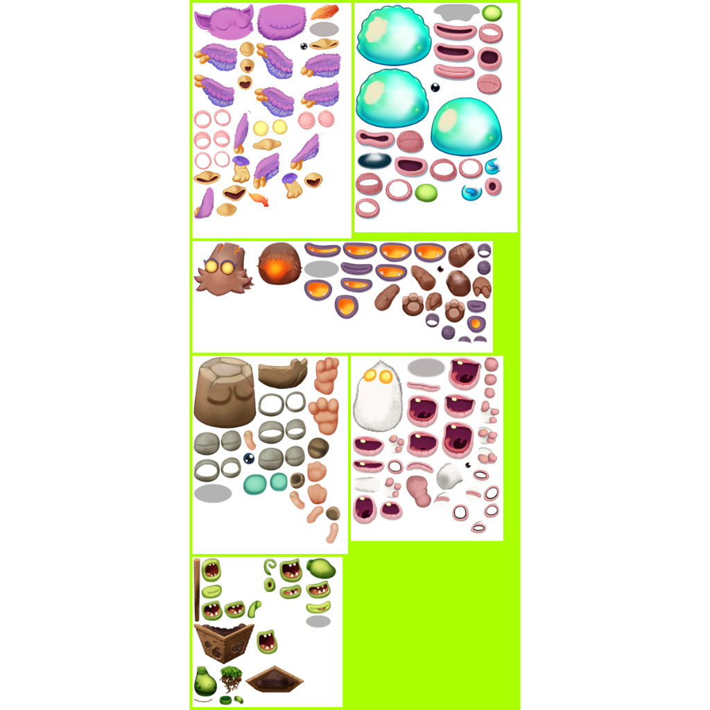 A collection of colorful, cartoonish objects arranged vertically on a bright green background against a black background.