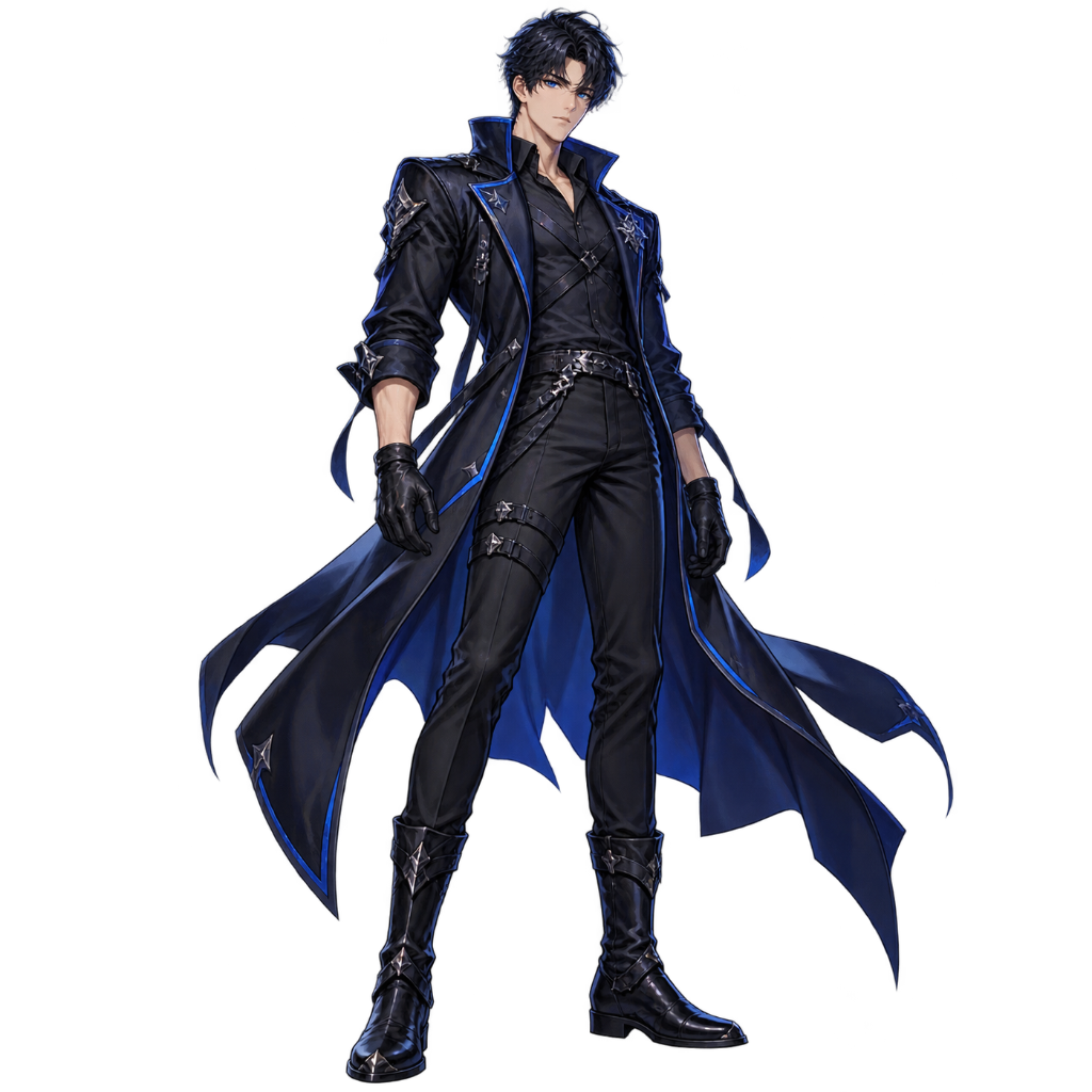 A male anime-style character with dark hair and blue-black clothing stands against a black background, wearing a long coat with blue trim, black gloves, black boots with silver accents, and a black belt with a silver buckle.