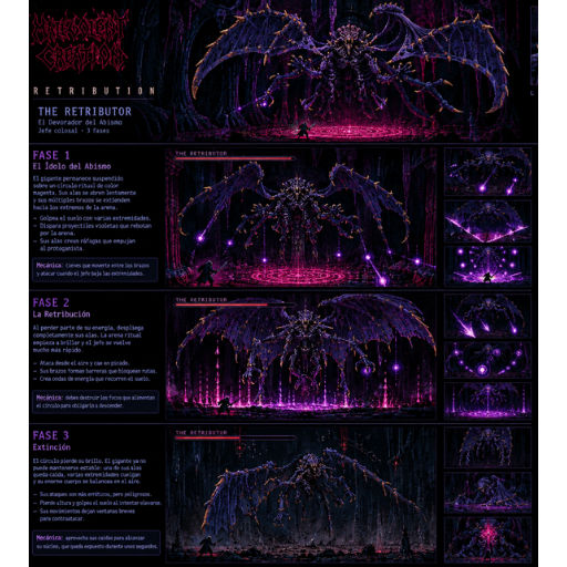 A dark fantasy-themed image displays four sections labeled "RETRIBUTION," "FASE 1," "FASE 2," and "FASE 3," each showing a detailed, purple-hued creature with glowing elements against a dark background.