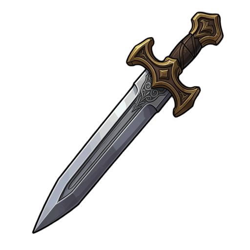 `detailed 2d game asset of an ornate medieval short sword pointing downwards, realistic dark fantasy style. double-edged steel blade with a prominent central fuller and fine engraved filigree patterns near the ricasso. antique bronze or tarnished gold crossguard with downward-curving quillons covere