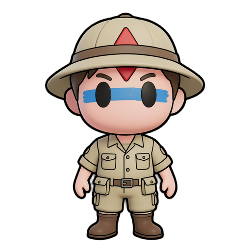 `a cute chibi explorer boy standing in a front view pose, 2d vector art style, thick black outlines, clean smooth vector lines. he has a simple face with solid oval black eyes, a red inverted triangle symbol on his forehead, and a blue horizontal paint stripe under each eye. he wears a beige safari