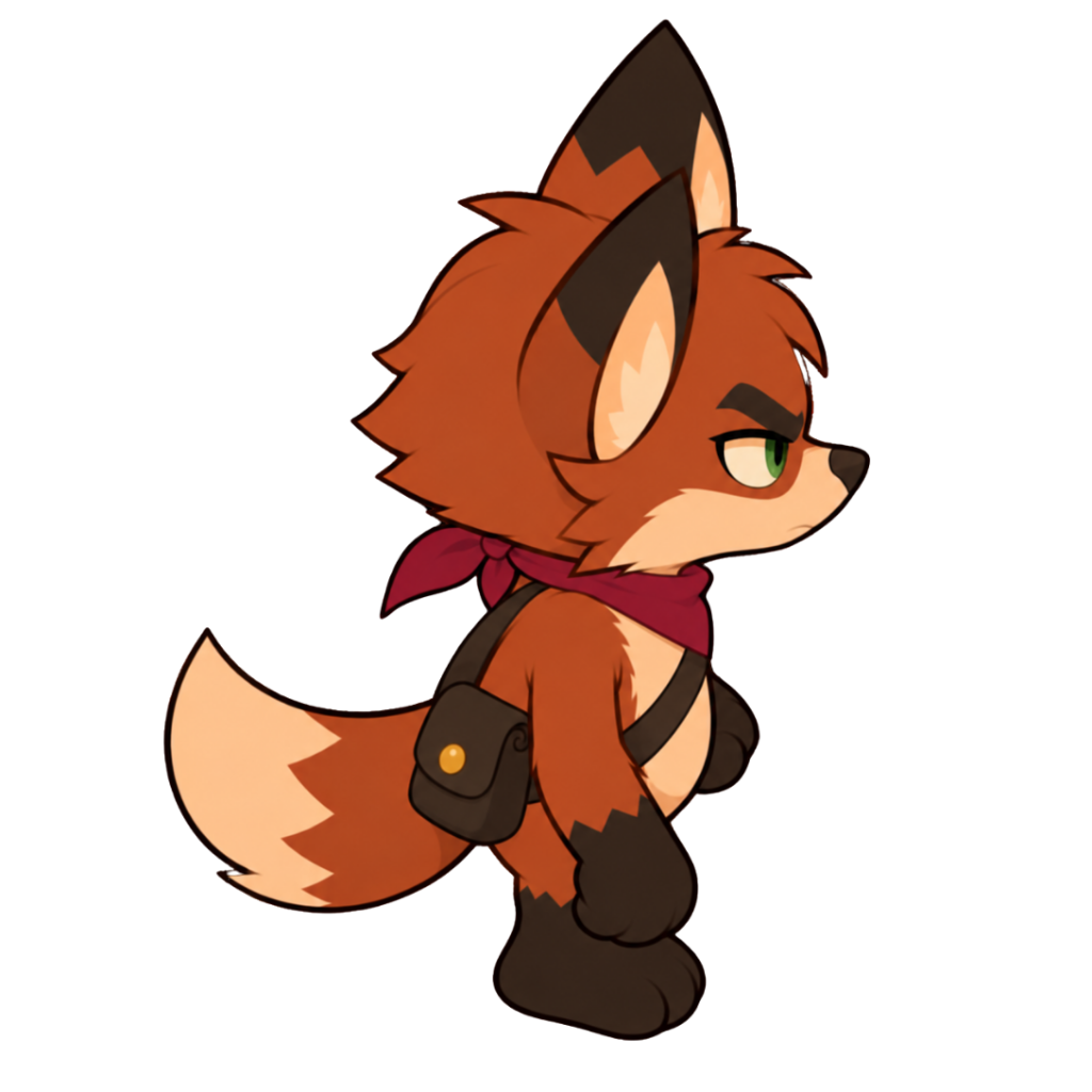 A cartoon fox with orange fur, black ears and tail, green eyes, and a dark red bandana around its neck stands against a black background, facing right.