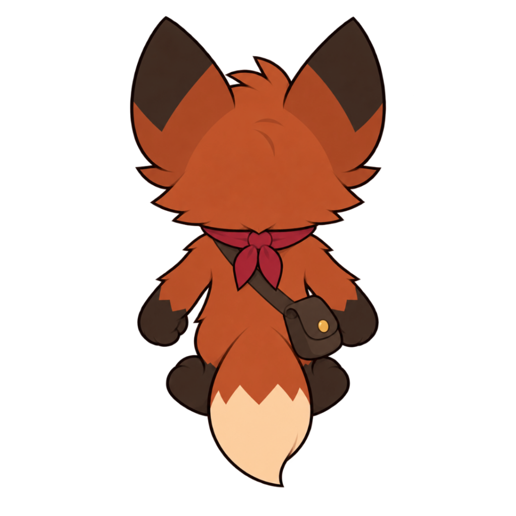 A cartoon fox with orange fur, dark brown ears and tail tip, wears a dark brown strap with a pink bow around its neck, viewed from behind against a black background.