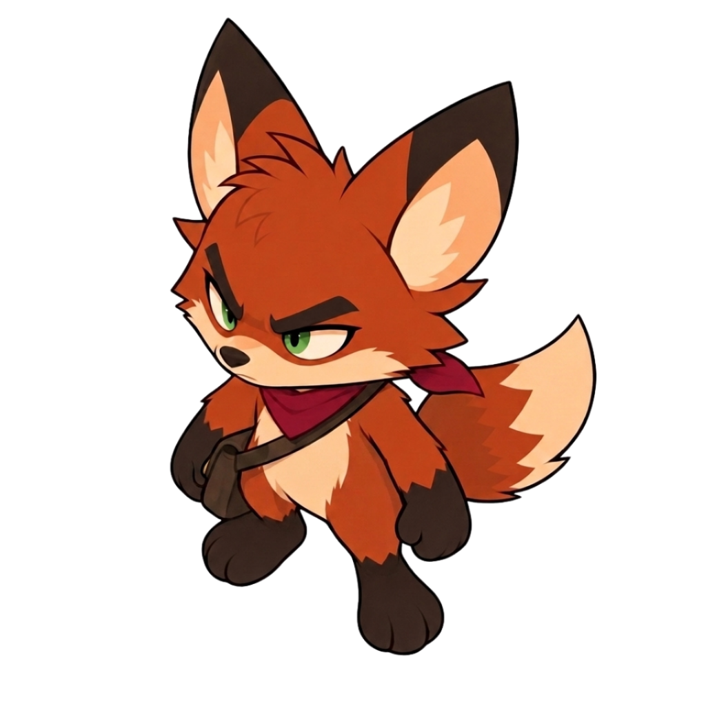 An orange fox with black ears, tail, and paws stands against a black background, wearing a dark red bandana around its neck and looking forward with green eyes.