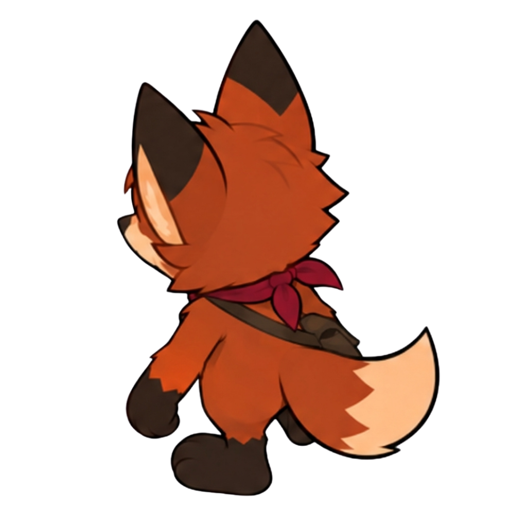 A cartoon fox with orange fur, black ears and tail tip, wearing a dark red bow, is shown from behind against a black background.