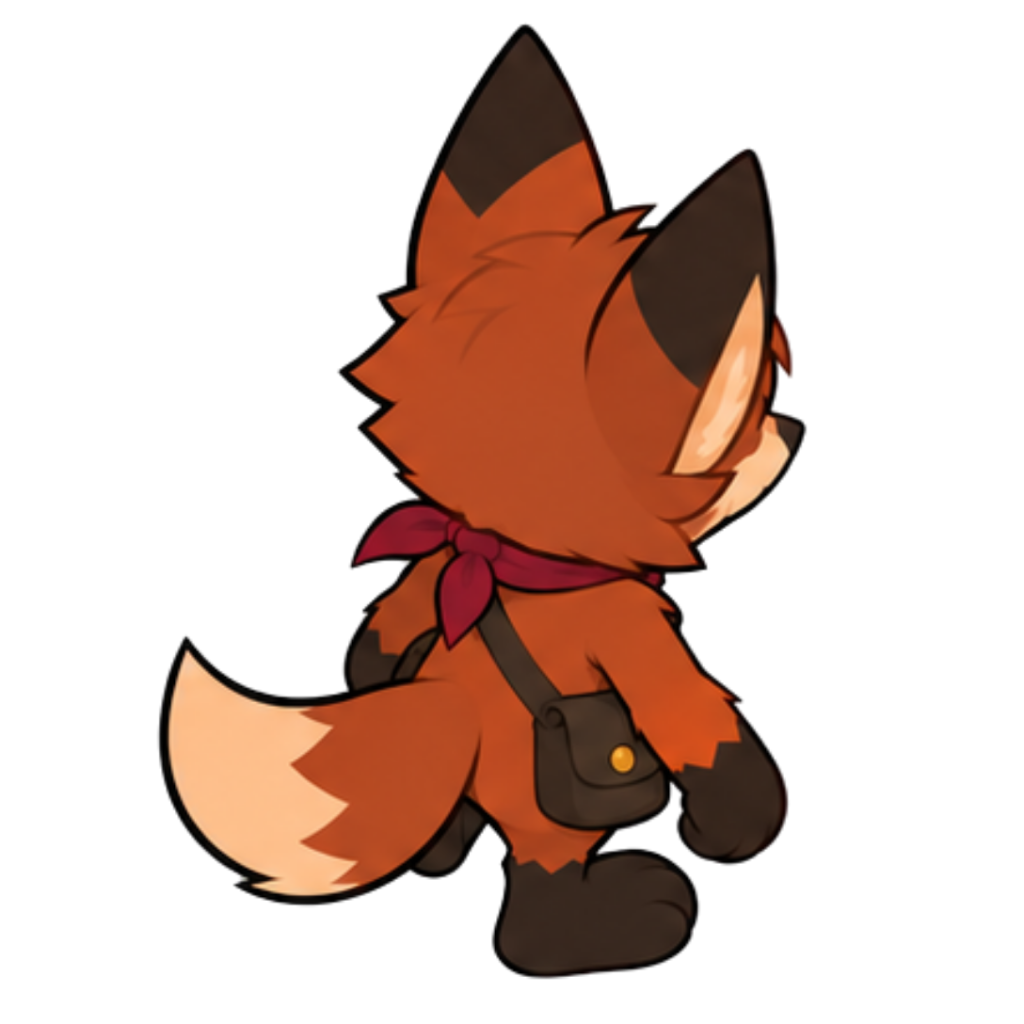 A cartoon fox with orange fur, black ears and tail, wearing a dark red bow tie and carrying a black bag, is shown from behind against a black background.