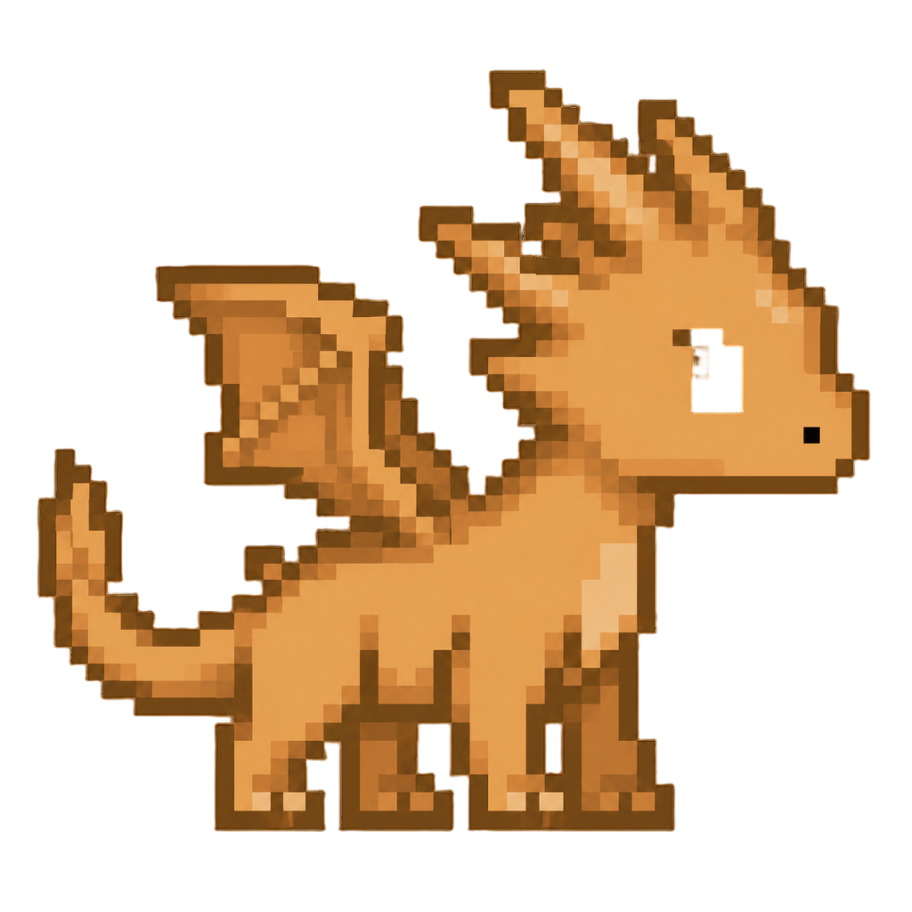 A pixelated, light brown dragon-like creature stands on two legs against a black background, facing right.