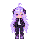 A pixelated anime-style character with long purple hair, purple eyes, and black and purple clothing stands against a black background.
