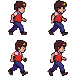animaciones de movimiento base  * idle (reposo - 4 frames)2d side-scrolling pixel art, 32-bit style, clean pixels, sharp edges, exact color palette, video game sprite sheet. horizontal sequence of 4 consecutive frames from left to right with clear spacing gaps between frames, loopable animation, iso