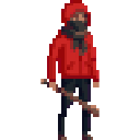 A pixelated figure in a red jacket and dark pants holds a stick against a black background.