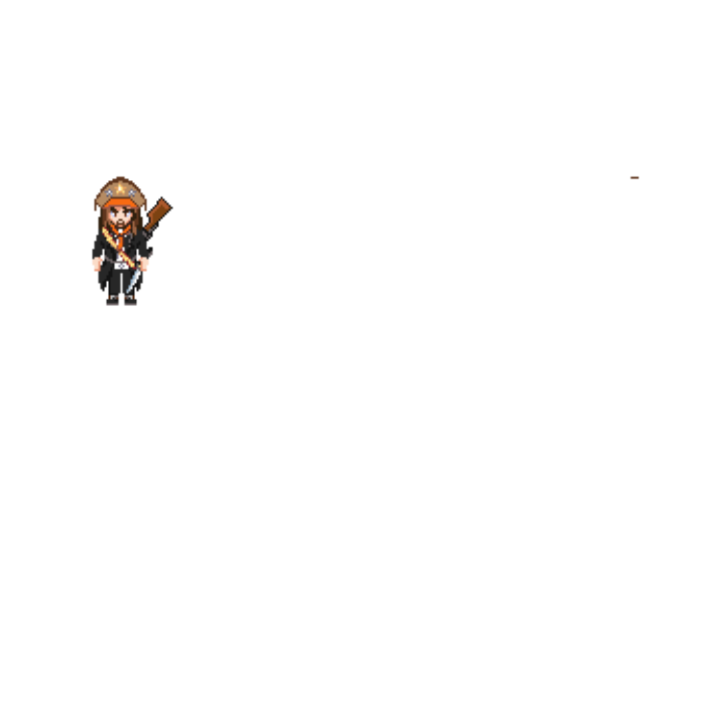 A cartoon character in a brown hat and dark clothing holds a sword, standing against a black background.