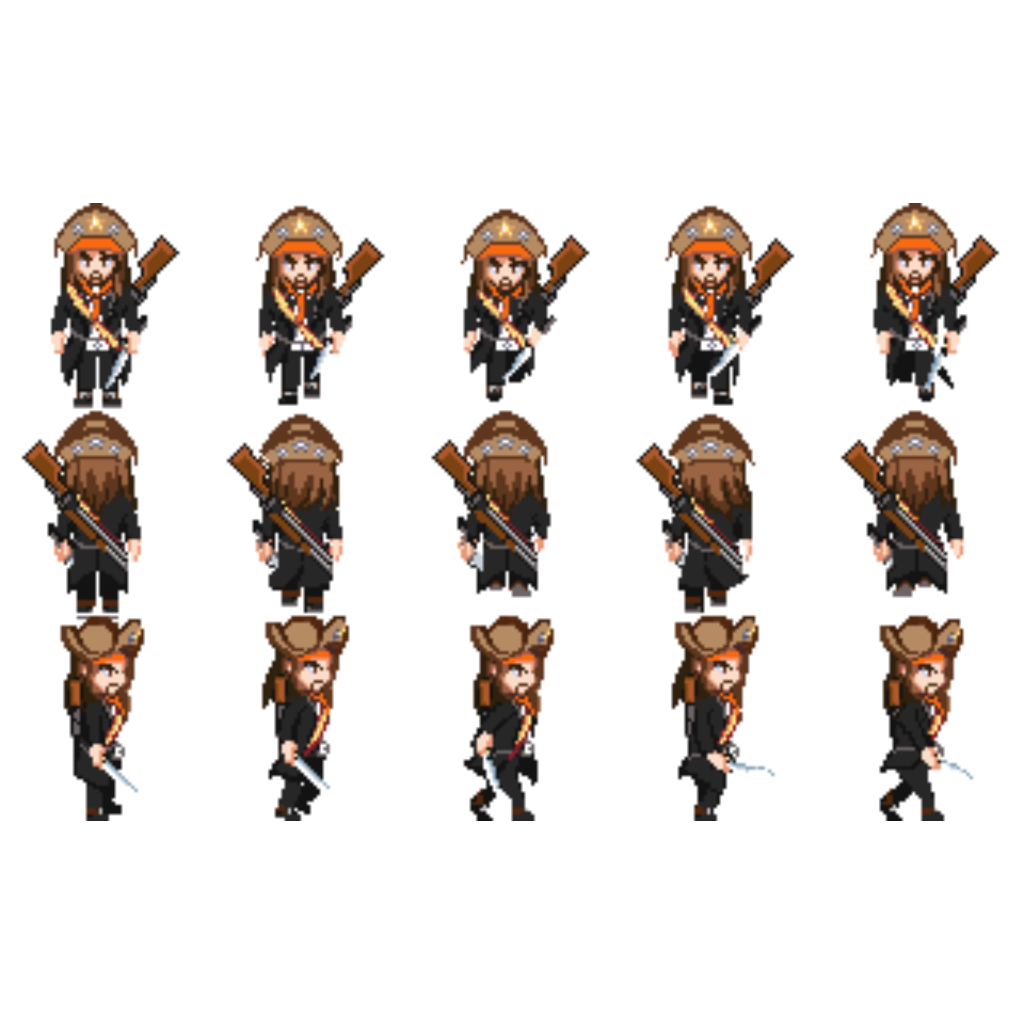 A grid of pixelated figures, each wearing a brown hat and dark coat, holds rifles against a black background.