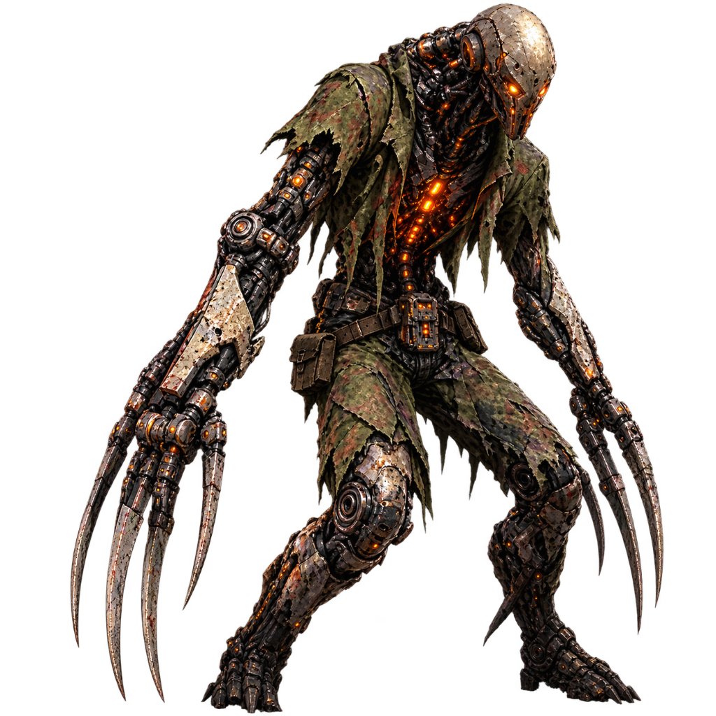 A mechanical, humanoid figure with clawed hands, metallic body, and glowing orange eyes, stands against a black background.