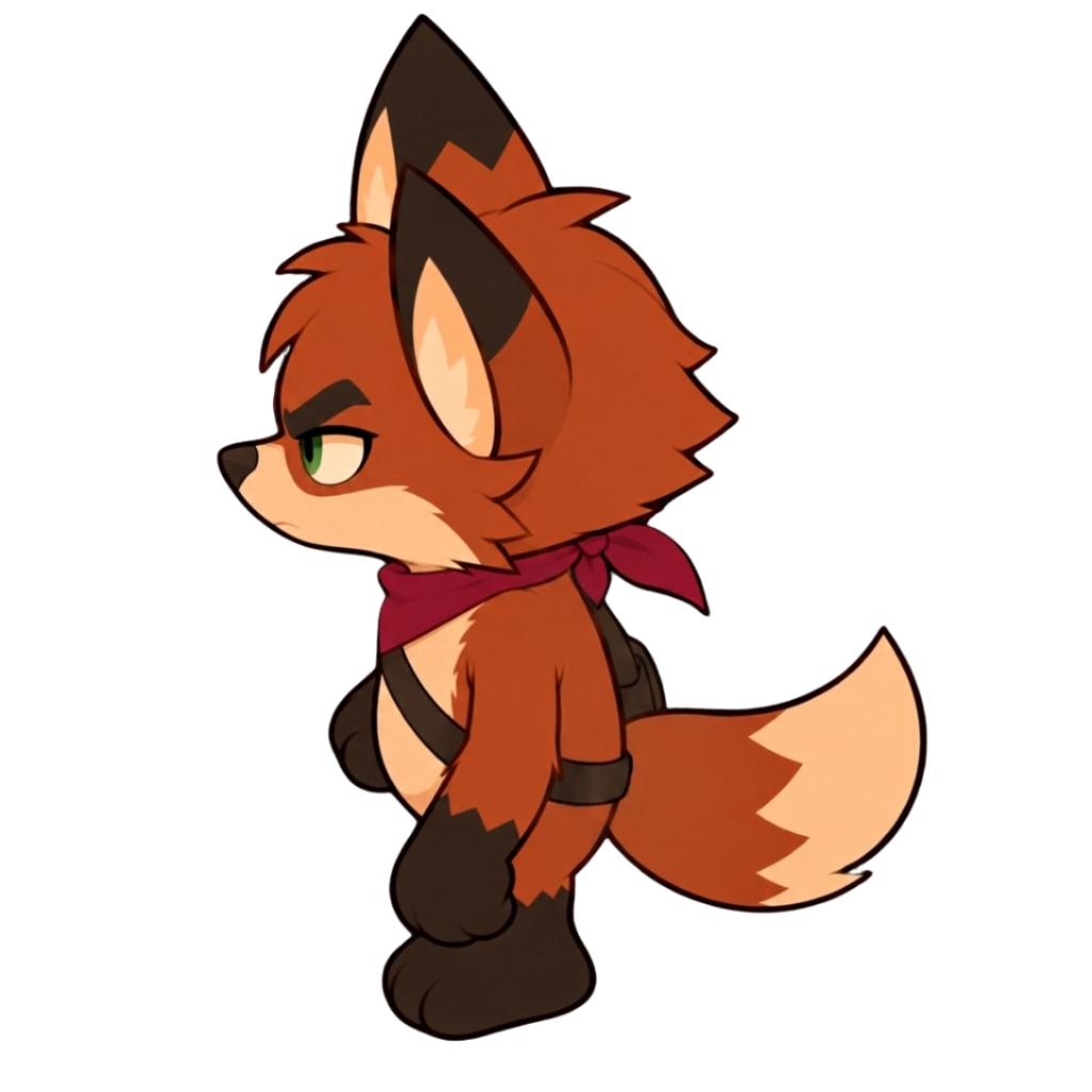 A chibi-style fox character with orange fur, black ears and tail tip, dark eyes, and a red bandana stands against a black background, facing left.