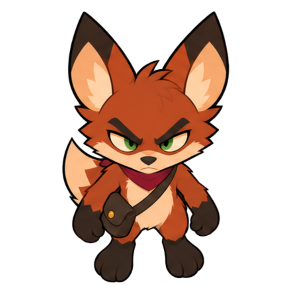 A cartoon fox with orange fur, black ears, tail, and paws, wears a dark red bandana around its neck and carries a black satchel with a gold clasp against a black background.