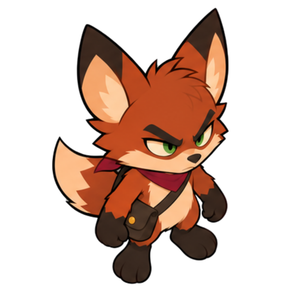 An orange fox with green eyes, black ears, tail, and muzzle stands against a black background, wearing a dark red bandana and a small black bag.