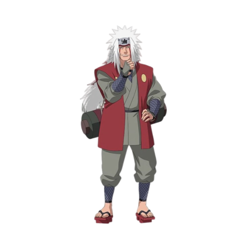 An anime-style character with white spiky hair, wearing a red vest, olive green top, gray pants, and red sandals, stands against a white background with one hand near their face and the other resting on their hip.