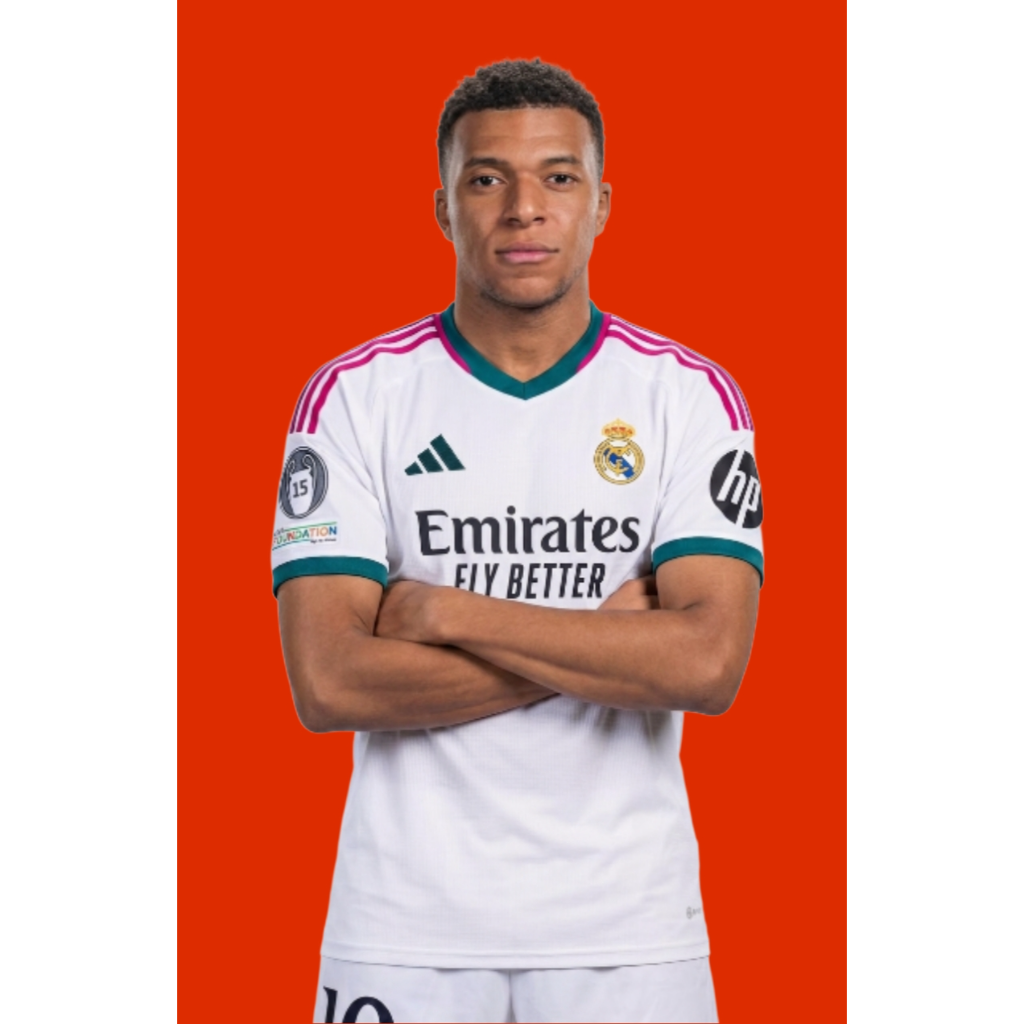 A man in a white soccer jersey with green and pink stripes stands against a solid orange background with his arms crossed. The jersey displays "Emirates FLY BETTER" and various logos, including an Adidas logo and a "hp" logo on his sleeve.