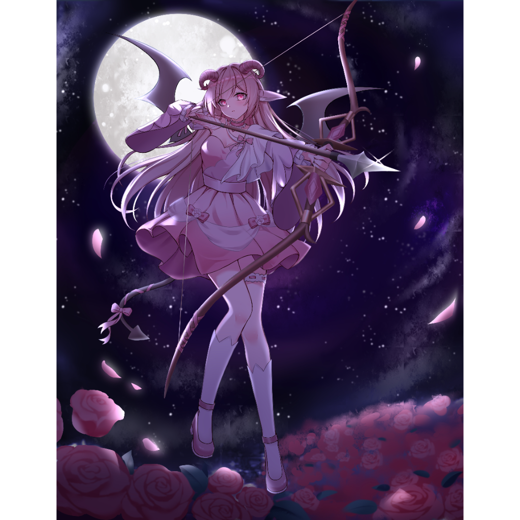 A female anime character with long pink hair and horns, wearing a pink dress and white thigh-highs, holds a bow and arrow in a grassy area with pink roses and a full moon.