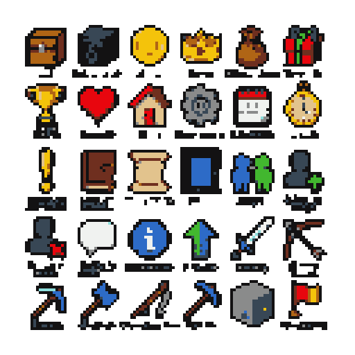 Crie uma spritesheet contendo 30 ícones diferentes para a interface de um servidor de Minecraft chamado Mineway. Organize a imagem em uma grade perfeitamente alinhada de 6 colunas por 5 linhas, com cada quadrinho contendo exatamente um ícone diferente. **Ícones a incluir:** 1. Baú 2. Baú do vazio 3. Moeda 4. Coroa 5. Bolsa de itens 6. Presente 7. Troféu 8. Coração 9. Casa 10. Engrenagem de configurações 11. Calendário 12. Relógio 13. Marcador de missão 14. Livro de missões 15. Pergaminho 16. Portal de teletransporte 17. Amigos 18. Adicionar amigo 19. Remover amigo 20. Balão de conversa 21. Ícone de informação 22. Melhorar ou evoluir 23. Espada 24. Arco e flecha 25. Picareta 26. Machado 27. Vara de pesca 28. Enxada 29. Bloco de minério 30. Checkpoint **Estilo obrigatório:** reproduza fielmente o estilo dos ícones da referência da Mineway. Pixel 2D tradicional, com pixels quadrados bem definidos, contornos escuros, cores vivas e limitadas, sombreamento feito com blocos de cores e pequeno