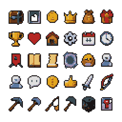 Crie uma spritesheet contendo 30 ícones diferentes para a interface de um servidor de Minecraft chamado Mineway. Organize a imagem em uma grade perfeitamente alinhada de 6 colunas por 5 linhas, com cada quadrinho contendo exatamente um ícone diferente. **Ícones a incluir:** 1. Baú 2. Baú do vazio 3. Moeda 4. Coroa 5. Bolsa de itens 6. Presente 7. Troféu 8. Coração 9. Casa 10. Engrenagem de configurações 11. Calendário 12. Relógio 13. Marcador de missão 14. Livro de missões 15. Pergaminho 16. Portal de teletransporte 17. Amigos 18. Adicionar amigo 19. Remover amigo 20. Balão de conversa 21. Ícone de informação 22. Melhorar ou evoluir 23. Espada 24. Arco e flecha 25. Picareta 26. Machado 27. Vara de pesca 28. Enxada 29. Bloco de minério 30. Checkpoint **Estilo obrigatório:** reproduza fielmente o estilo dos ícones da referência da Mineway. Pixel 2D tradicional, com pixels quadrados bem definidos, contornos escuros, cores vivas e limitadas, sombreamento feito com blocos de cores e pequeno