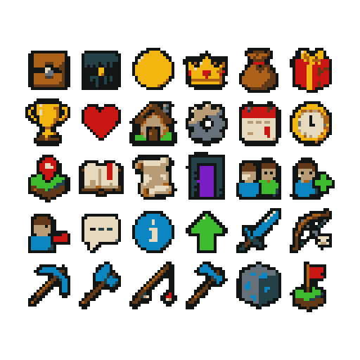 Crie uma spritesheet contendo 30 ícones diferentes para a interface de um servidor de Minecraft chamado Mineway. Organize a imagem em uma grade perfeitamente alinhada de 6 colunas por 5 linhas, com cada quadrinho contendo exatamente um ícone diferente. **Ícones a incluir:** 1. Baú 2. Baú do vazio 3. Moeda 4. Coroa 5. Bolsa de itens 6. Presente 7. Troféu 8. Coração 9. Casa 10. Engrenagem de configurações 11. Calendário 12. Relógio 13. Marcador de missão 14. Livro de missões 15. Pergaminho 16. Portal de teletransporte 17. Amigos 18. Adicionar amigo 19. Remover amigo 20. Balão de conversa 21. Ícone de informação 22. Melhorar ou evoluir 23. Espada 24. Arco e flecha 25. Picareta 26. Machado 27. Vara de pesca 28. Enxada 29. Bloco de minério 30. Checkpoint **Estilo obrigatório:** reproduza fielmente o estilo dos ícones da referência da Mineway. Pixel 2D tradicional, com pixels quadrados bem definidos, contornos escuros, cores vivas e limitadas, sombreamento feito com blocos de cores e pequeno