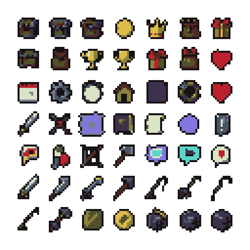 Crie uma spritesheet contendo 30 ícones diferentes para a interface de um servidor de Minecraft chamado Mineway. Organize a imagem em uma grade perfeitamente alinhada de 6 colunas por 5 linhas, com cada quadrinho contendo exatamente um ícone diferente. **Ícones a incluir:** 1. Baú 2. Baú do vazio 3. Moeda 4. Coroa 5. Bolsa de itens 6. Presente 7. Troféu 8. Coração 9. Casa 10. Engrenagem de configurações 11. Calendário 12. Relógio 13. Marcador de missão 14. Livro de missões 15. Pergaminho 16. Portal de teletransporte 17. Amigos 18. Adicionar amigo 19. Remover amigo 20. Balão de conversa 21. Ícone de informação 22. Melhorar ou evoluir 23. Espada 24. Arco e flecha 25. Picareta 26. Machado 27. Vara de pesca 28. Enxada 29. Bloco de minério 30. Checkpoint **Estilo obrigatório:** reproduza fielmente o estilo dos ícones da referência da Mineway. Pixel 2D tradicional, com pixels quadrados bem definidos, contornos escuros, cores vivas e limitadas, sombreamento feito com blocos de cores e pequeno