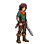 A pixelated figure with dark hair, green shirt, brown pants, and boots holds a sword against a black background.