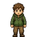A pixelated figure with brown hair, a green hooded jacket, and brown pants stands against a black background, facing forward.