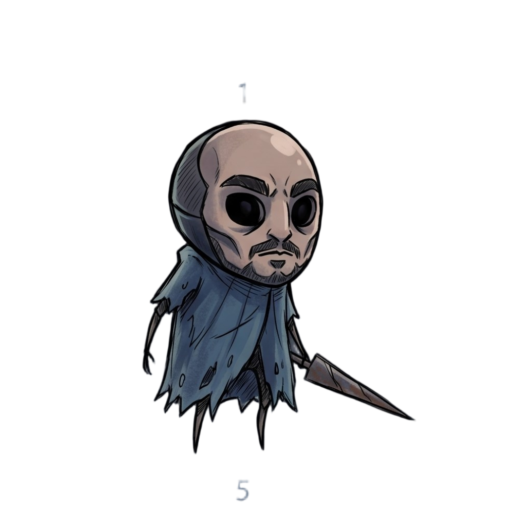 A cartoon character with a skull head, dark eyes, and a blue tattered cape holds a spear against a black background numbered 1 to 5.