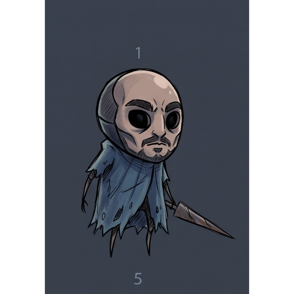 A cartoon character with a bald head, dark eyebrows, and a mustache holds a spear-like weapon against a dark gray background numbered 1 to 5.