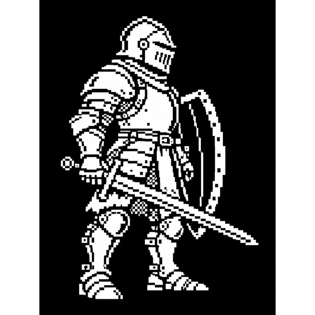 A pixelated knight in full armor, holding a sword and shield, stands against a black background.