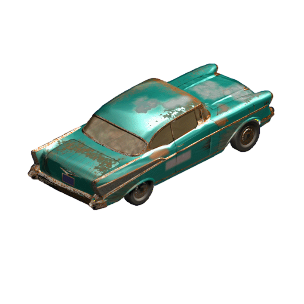 A teal vintage car with rust and faded paint is shown against a black background.