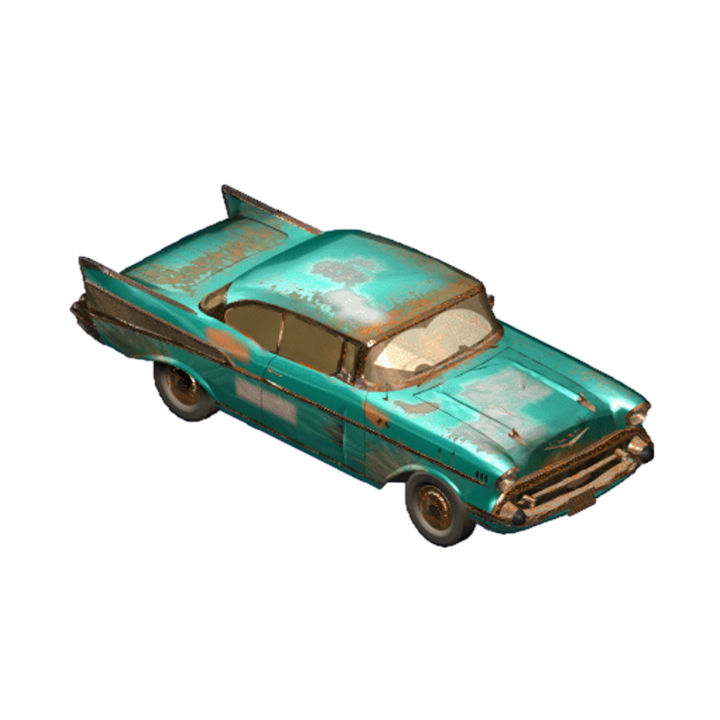 A teal vintage car with rust and faded paint is angled against a black background.
