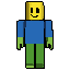 3D horror game character named Noobie, based on the reference . He has a classic blocky Roblox-style body, a yellow cylindrical head and arms, a blue torso, green legs, and a simple smiling face with black eyes. Keep his original appearance, but give him a slightly creepy atmosphere with subtle unsettling details. He should look friendly at first, but mysterious and suspicious in the horror game "Collect the Apples for Noobie". Full-body character, low-poly 3D model, retro graphics, suitable for a horror game
