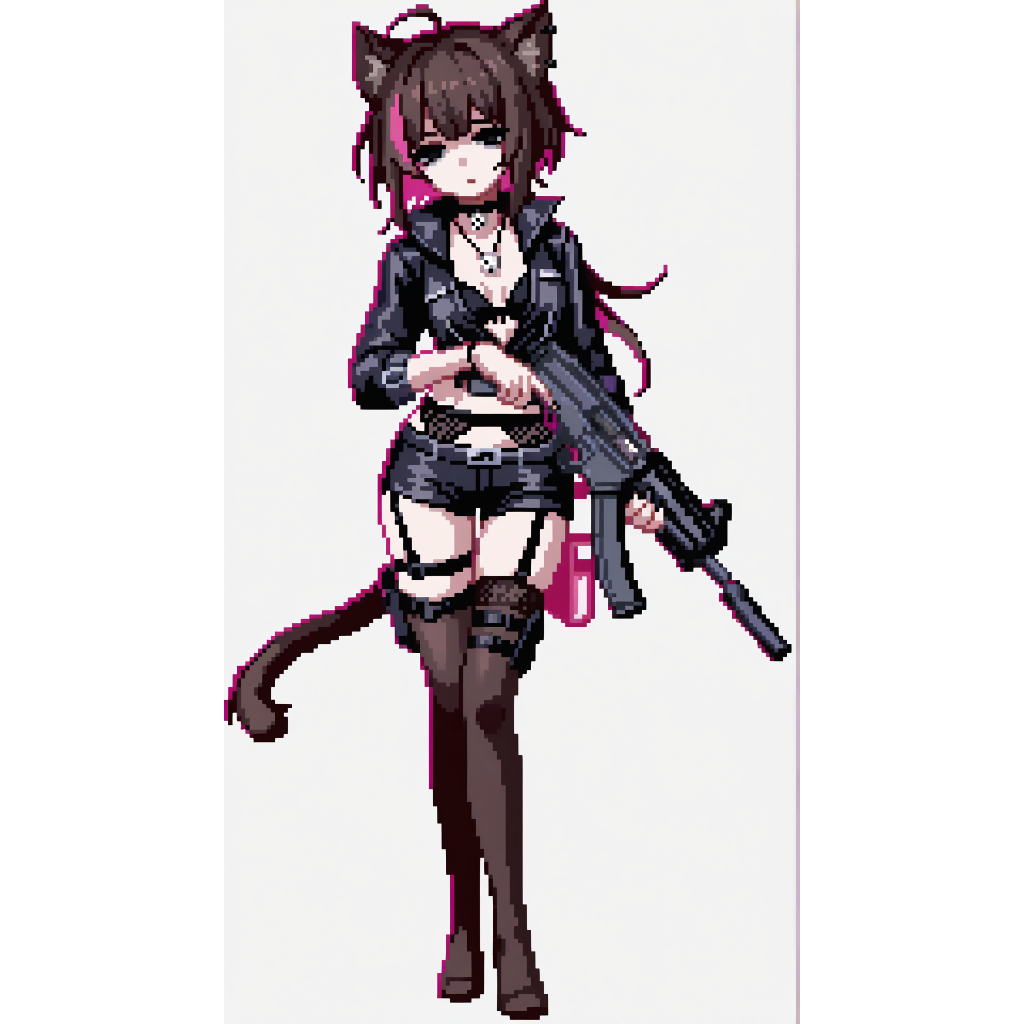 A female anime character with brown hair and cat ears, wearing a black outfit and holding a black rifle, stands against a white background.