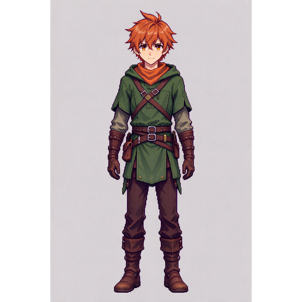 A male anime character with orange hair wears a green tunic, brown pants, brown boots, a brown belt, a red scarf, and a hood, with brown gloves.