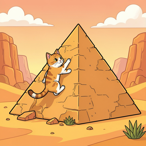 cat climbing a desert pyramid