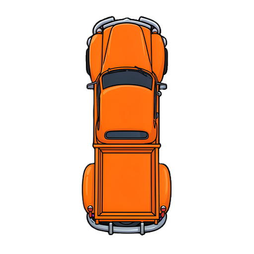 a strict 2d top-down view clean vector sprite of a vintage orange pickup truck, seen directly from above, perpendicular bird's-eye view, smooth flat graphic design, zero perspective tilt, clean thick black outlines, crisp vector art style. the pickup truck is oriented vertically pointing upwards, wi