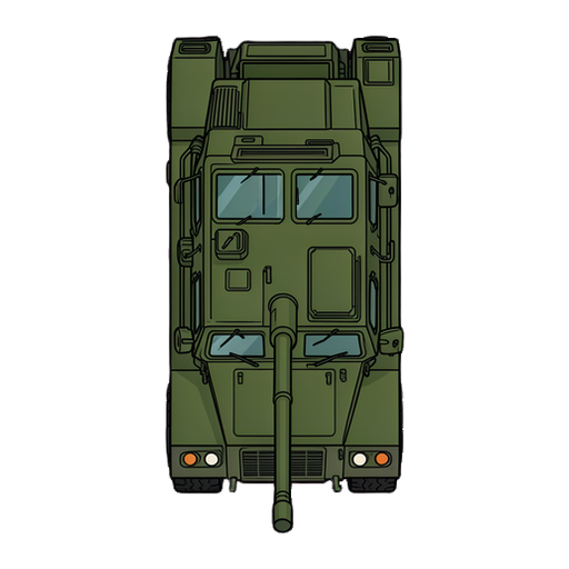 sprite 2d vetorial limpo em visão estritamente de cima para baixo de um caminhão blindado militar verde, visão de pássaro 100% perpendicular, design gráfico plano e liso, contornos pretos espessos e bem definidos, estilo vetor moderno sem pixels. corpo verde-militar escuro, para-brisa blindado retan