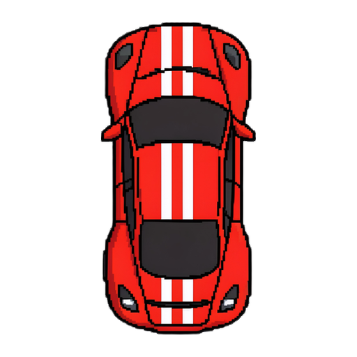 sprite 2d em pixel art de um carro esportivo vermelho visto estritamente diretamente de cima, visão de pássaro 100% vertical e perpendicular, teto do carro centralizado, sem inclinação de perspectiva, asset de jogo 2d ortográfico. corpo vermelho vibrante com duas listras de corrida paralelas brancas
