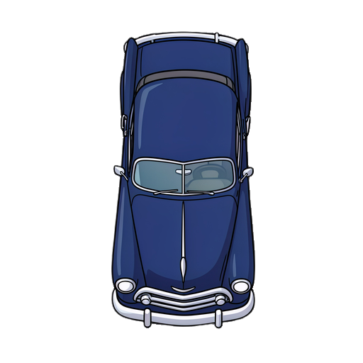 a strict 2d top-down view clean vector sprite of a classic 1950s dark blue vintage coupe sedan car (hudson hornet style), seen directly from directly above, perpendicular bird's-eye view, smooth flat graphic design, zero perspective tilt, clean thick black outlines, crisp vector art style. the car i