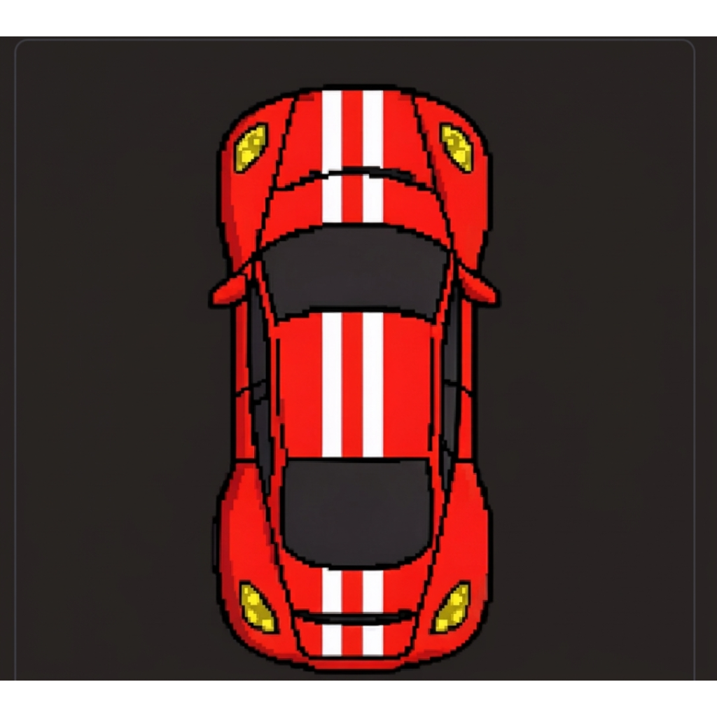 A red car with white stripes and yellow headlights is depicted from a top-down perspective against a dark gray background.