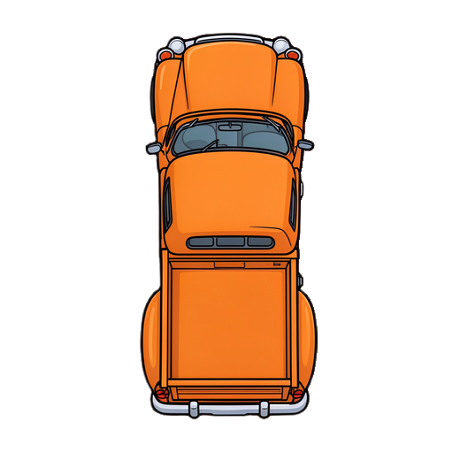 sprite 2d vetorial limpo em visão estritamente de cima para baixo de uma carrinha pickup vintage alaranjada, visão de pássaro 100% perpendicular, design gráfico plano e liso, contornos pretos espessos e bem definidos, estilo vetor moderno sem pixels. o veículo está orientado verticalmente apontado p