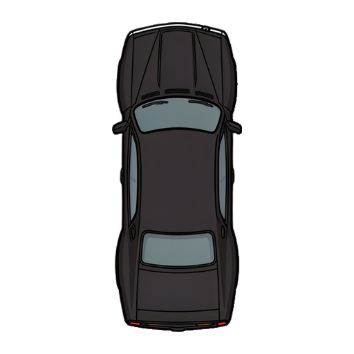 sprite 2d vetorial limpo em visão estritamente de cima para baixo de um muscle car preto, visão de pássaro 100% perpendicular, design gráfico plano e liso, contornos pretos espessos e bem definidos, estilo vetor moderno sem pixels. o veículo está orientado verticalmente apontado para cima, com o cap