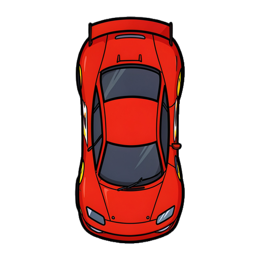 sprite 2d vetorial limpo em visão estritamente de cima para baixo de um carro de corrida stock car vermelho inspirado no faísca mcqueen, visão de pássaro 100% perpendicular, design gráfico plano e liso, contornos pretos espessos e bem definidos, estilo vetor moderno sem pixels. o veículo está orient