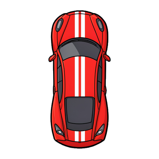 sprite 2d vetorial limpo em visão estritamente de cima para baixo de um carro esportivo vermelho, visão de pássaro 100% perpendicular, design gráfico plano e liso, contornos pretos espessos e bem definidos, estilo vetor moderno sem pixels. corpo vermelho vibrante com duas listras brancas paralelas n
