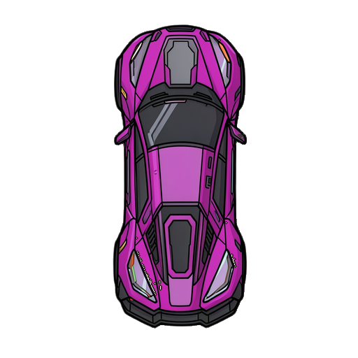 sprite 2d vetorial limpo em visão estritamente de cima para baixo de um carro futurista sci-fi cyberpunk, visão de pássaro 100% perpendicular, design gráfico plano e liso, contornos pretos espessos e bem definidos, estilo vetor moderno sem pixels. o veículo está orientado verticalmente apontado para