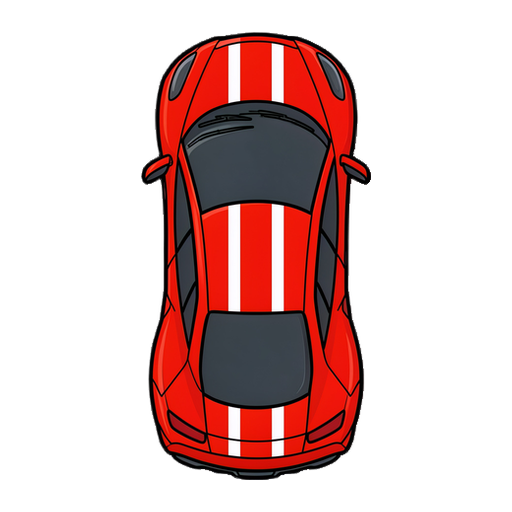 sprite 2d vetorial limpo em visão estritamente de cima para baixo de um carro esportivo vermelho, visão de pássaro 100% perpendicular, design gráfico plano e liso, contornos pretos espessos e bem definidos, estilo vetor moderno sem pixels. corpo vermelho vibrante com duas listras brancas paralelas n